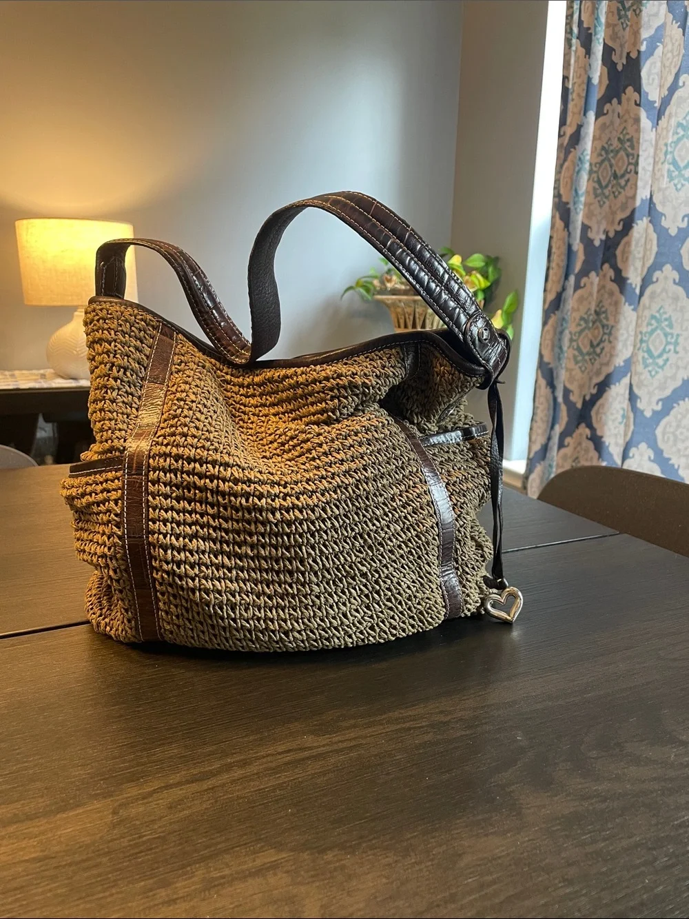 Brighton Brown Woven Hobo Bag with Dark Brown Trim